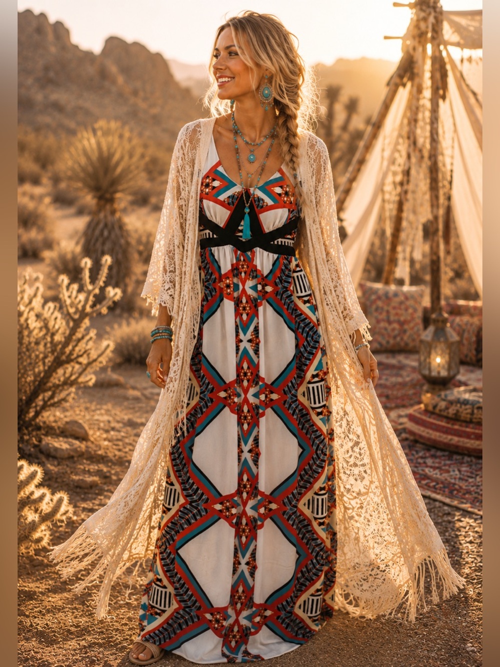 XOXO Geometric Print Maxi Dress with Red, Teal & Black Print Size S